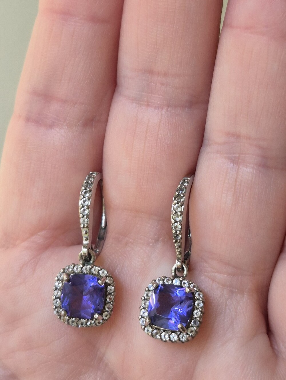Simulated Tanzanite Cushion-Cut Sterling Drop Earrings - Signed THAI FAS 925